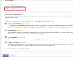 Entering Google Analytics Account Name for Set up