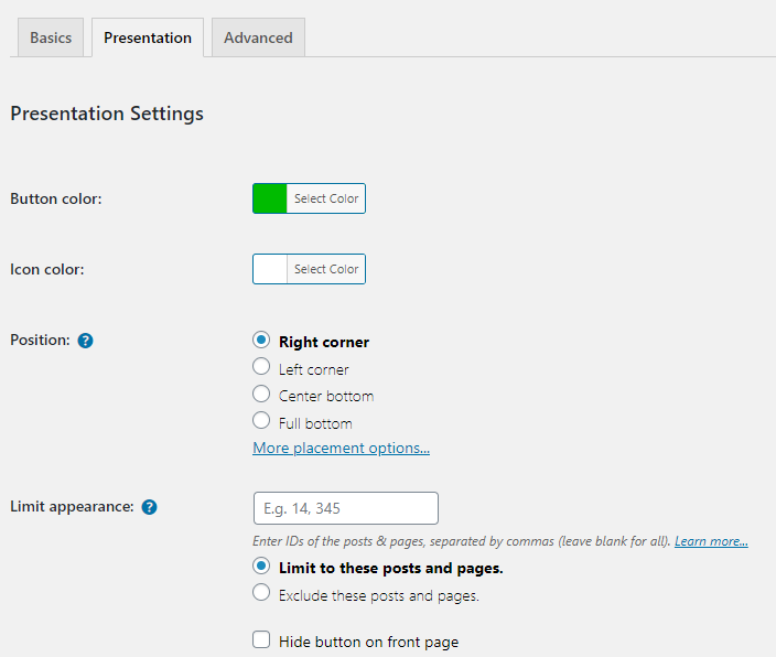 Click Presentation / Advanced settings