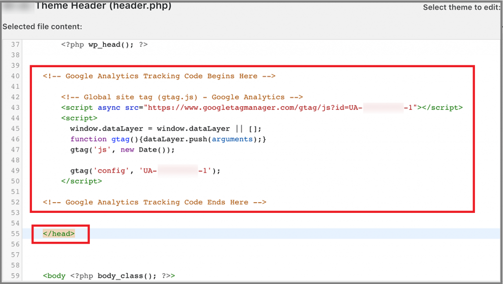 Inserting Google tracking code in theme header manually